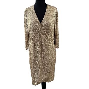 Gibson X Glam Gold Sequins 3/4 Sleeve V-Neck Wrap Dress Size 2X
